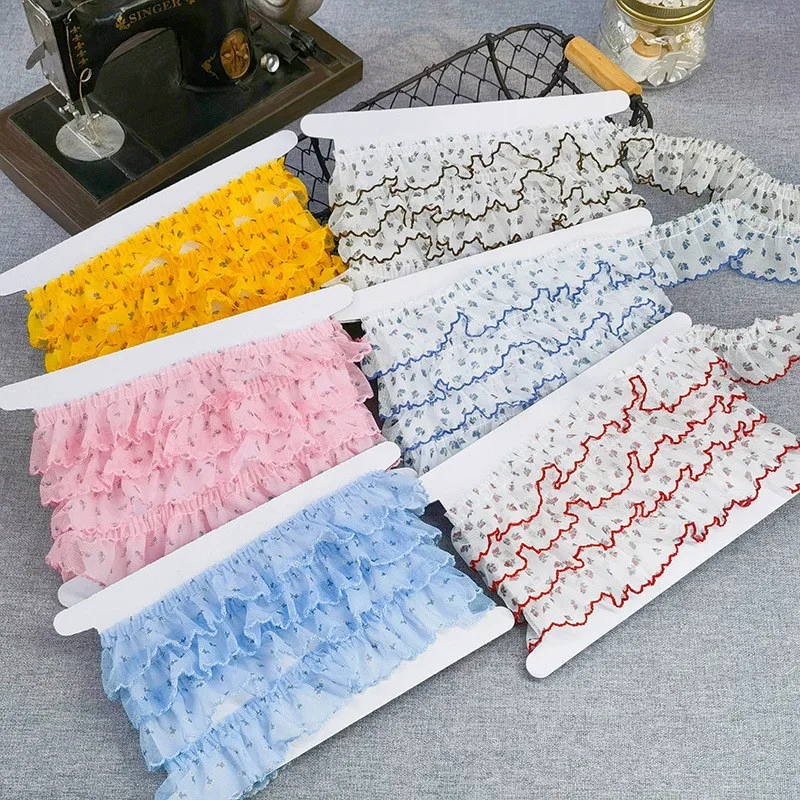 3 Meter 4Cm Breed Lolita Print Mesh Geplooide Kant Dogtooth Rand Kant Manchet Kraag Decoratieve Kant