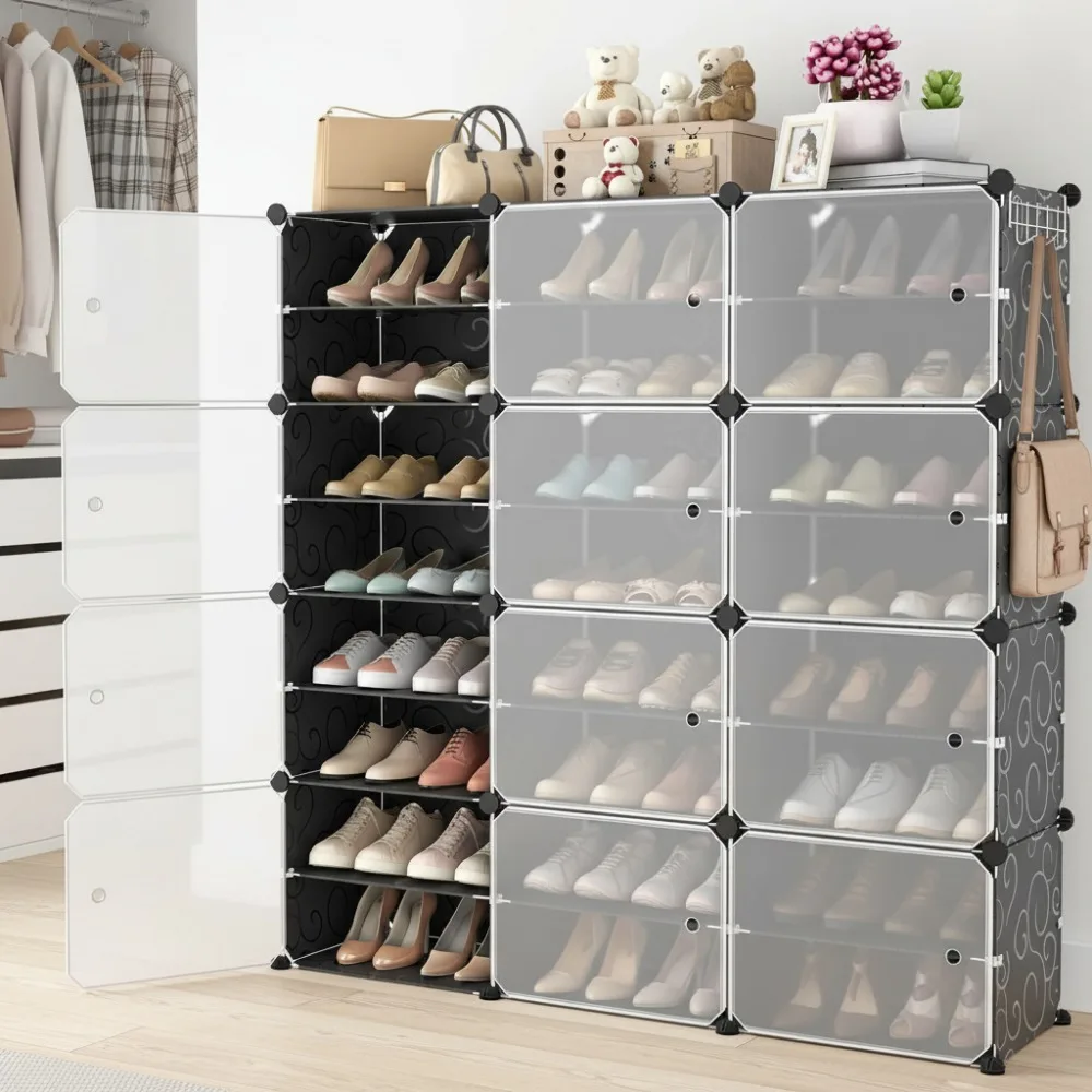 

Portable Shoe Storage Cabinet with Door, 48 Pairs Capacity, Stackable Adjustable 8-Tier Organizer Easy Assembly Black