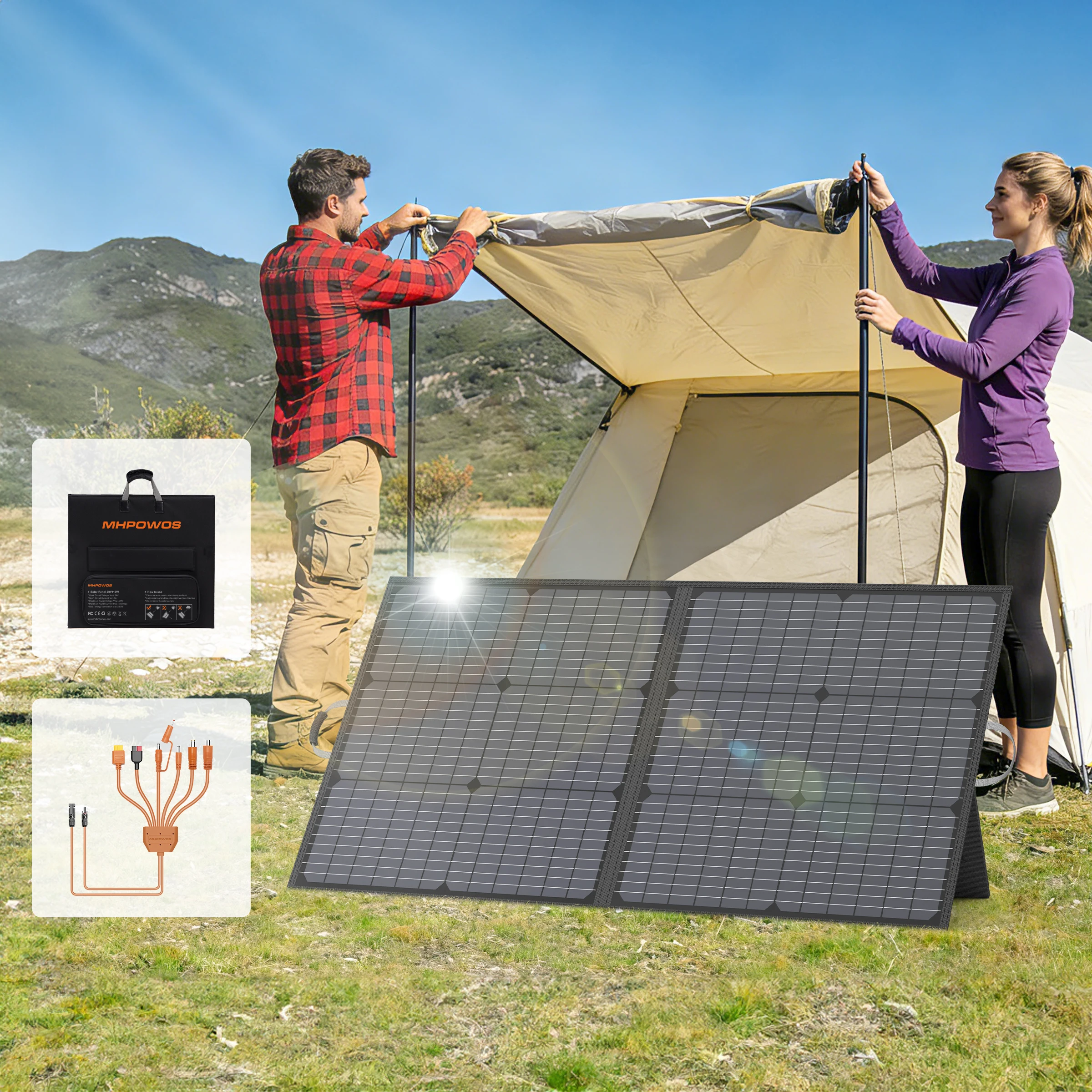 

MHPOWOS 110 Вт Портативная солнечная панель, предметы первой необходимости для кемпинга, складное солнечное зарядное устройство для электростанции, выход 20 В с подставками для автофургона