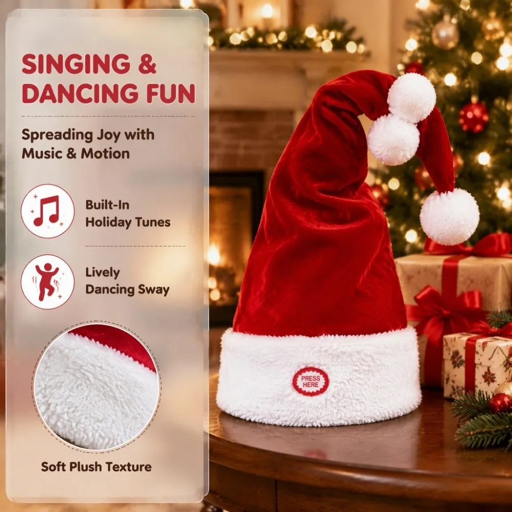 Fluffy Electric Christmas Hat Plush Brim Motorized Motion Automatic Swinging Santa Headwear Bobbing Motion Polyester
