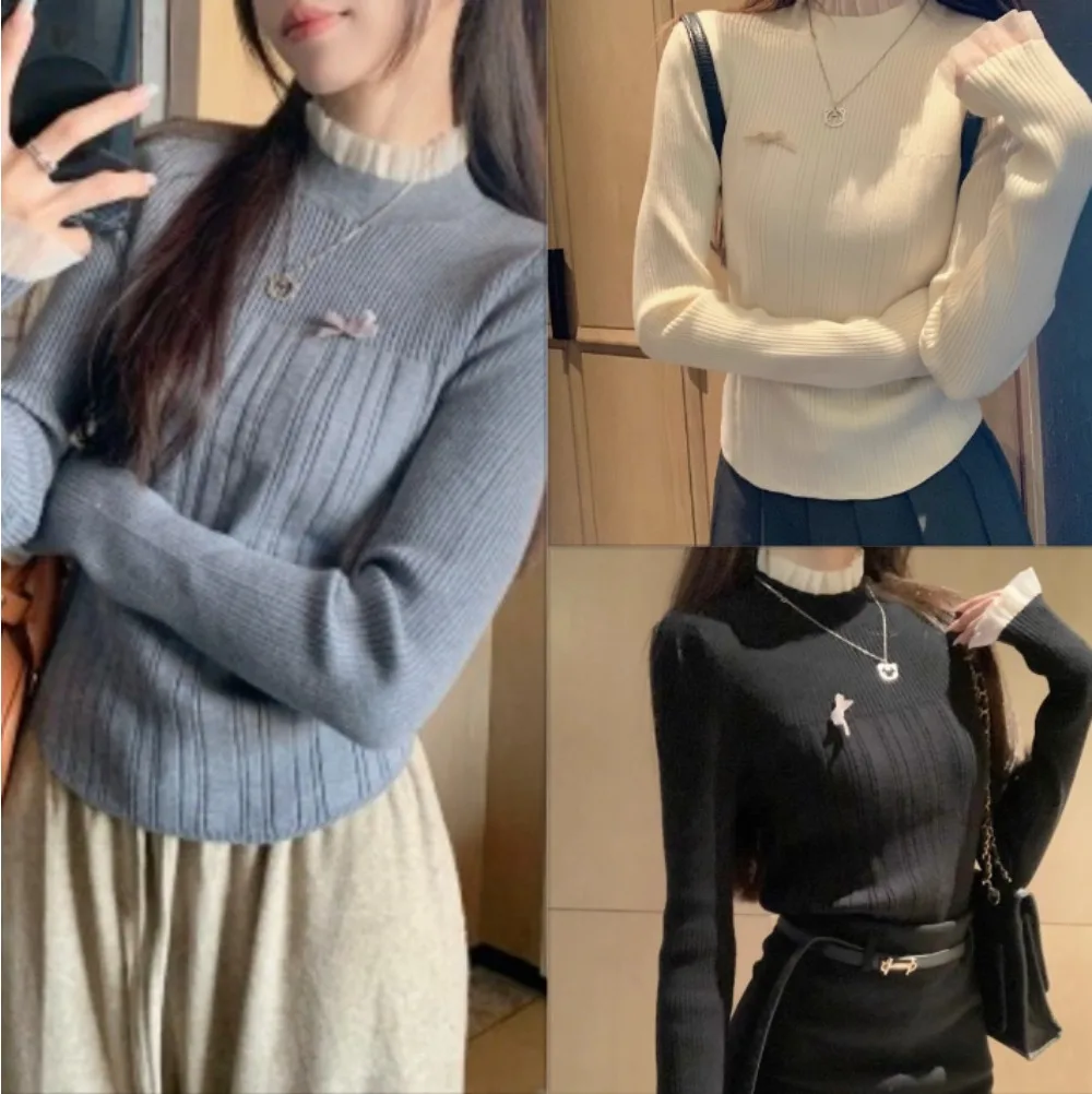 

Fashion Lace Patchwork Knit Sweater Women Slim Casual Base Pullover Top