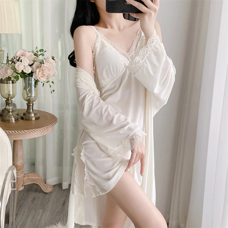 2024 Autumn New Nightdress Sexy Split Spaghetti Strap Velvet 2Pcs Robe Velour Kimono Bathrobe Set Lady Elegant Wedding Dress