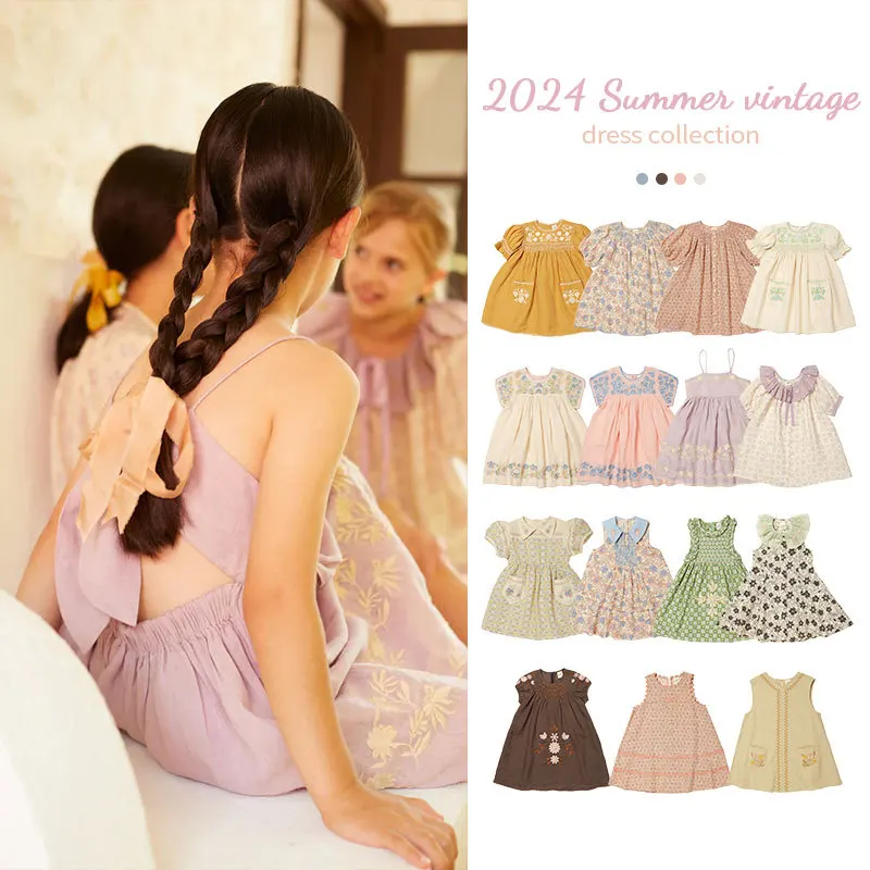 

Girls' Dress2024SummerapNew Pastoral Style Girl Heavy Industry High Embroidery Smocking Children Shirt Princess Dress