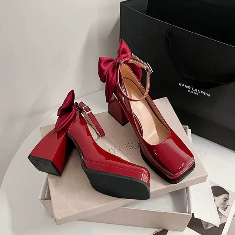 Mid Heel Square Heel Pumps PU Square Toe 2024 High Quality Shoes Female Party  Buckle Strap Autumn Classics Pumps Salto Alto