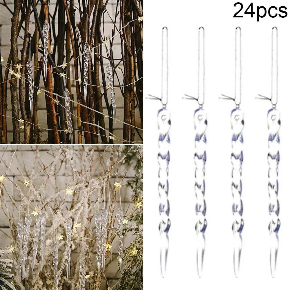 

Hot Sale Simulation Icicles 24pcs Acrylic Decoration For Christmas Tree Glass Icicle Ornaments Hanging