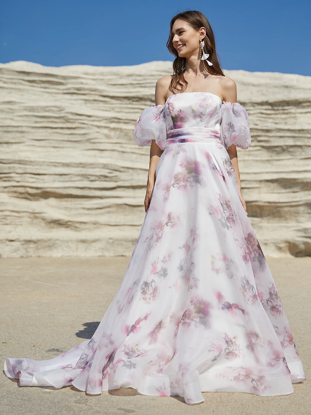 Elegante vestido de novia Floral rosa para mujer, vestidos de novia de Organza con cordones en la espalda y mangas hinchadas, vestido de baile de jardín de marfil, 2024