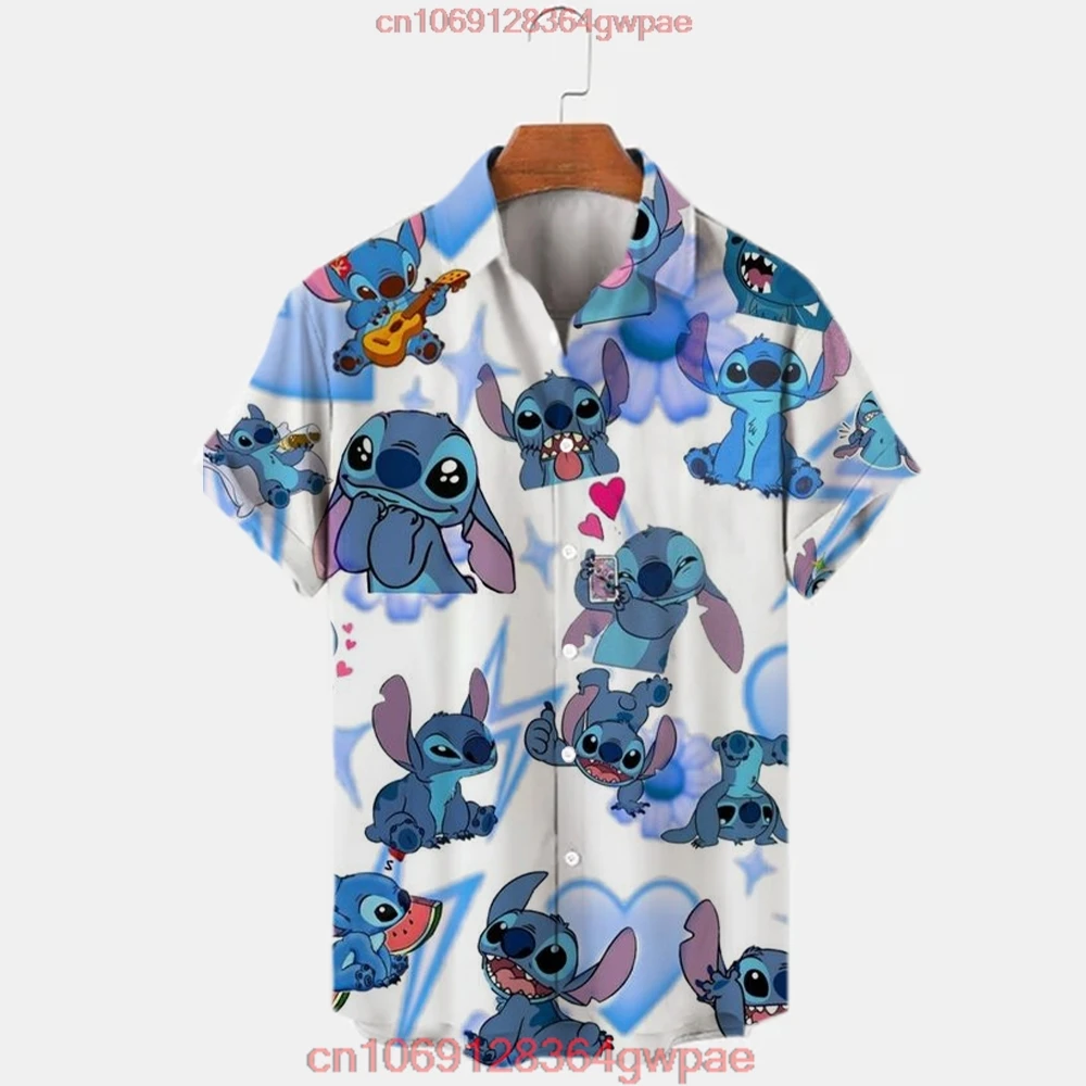 2023 Summer shirt Disney trend fashion cartoon interstellar baby Stitch Harajuku top men's lapel shirt Disney Hawaiian Shirts