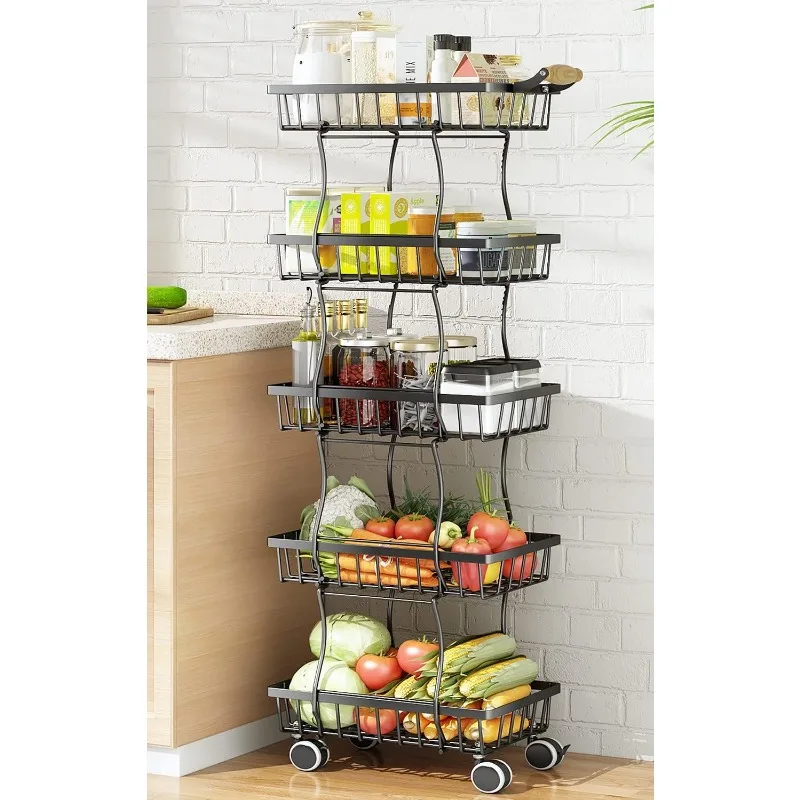 5 Tier Fruit Basket for Kitchen, Stackable Fruit and Vegetable Wire Basket with Wheels for Banana Onions and Potatoes Storage