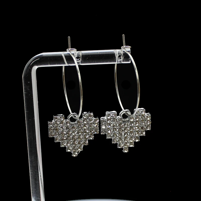 Trend Rhinestone Heart Pendant Earring for Women Silver Color Full Crystal Jewelry Wholesale Wedding Party Girlfriend Gift