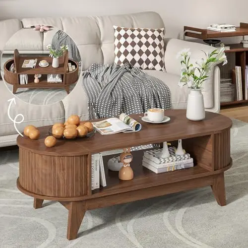 Coffee Table with Storage,Mid Century Modern Coffee Tables with 2 Flip-Top Hidden Lids,Fluted Coffee Table,Wood Center