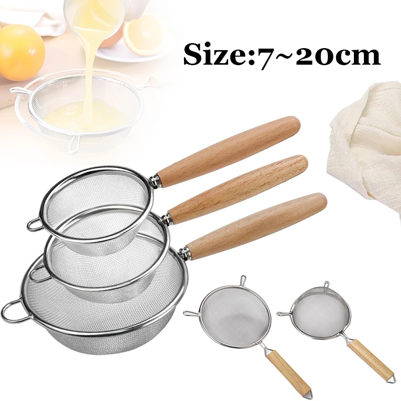 

Wooden Handle Stainless Steel Small Colander Fine Mesh Oil Strainer Multi-function Filter Mesh Flour Sifter Kitchen Baking Tools