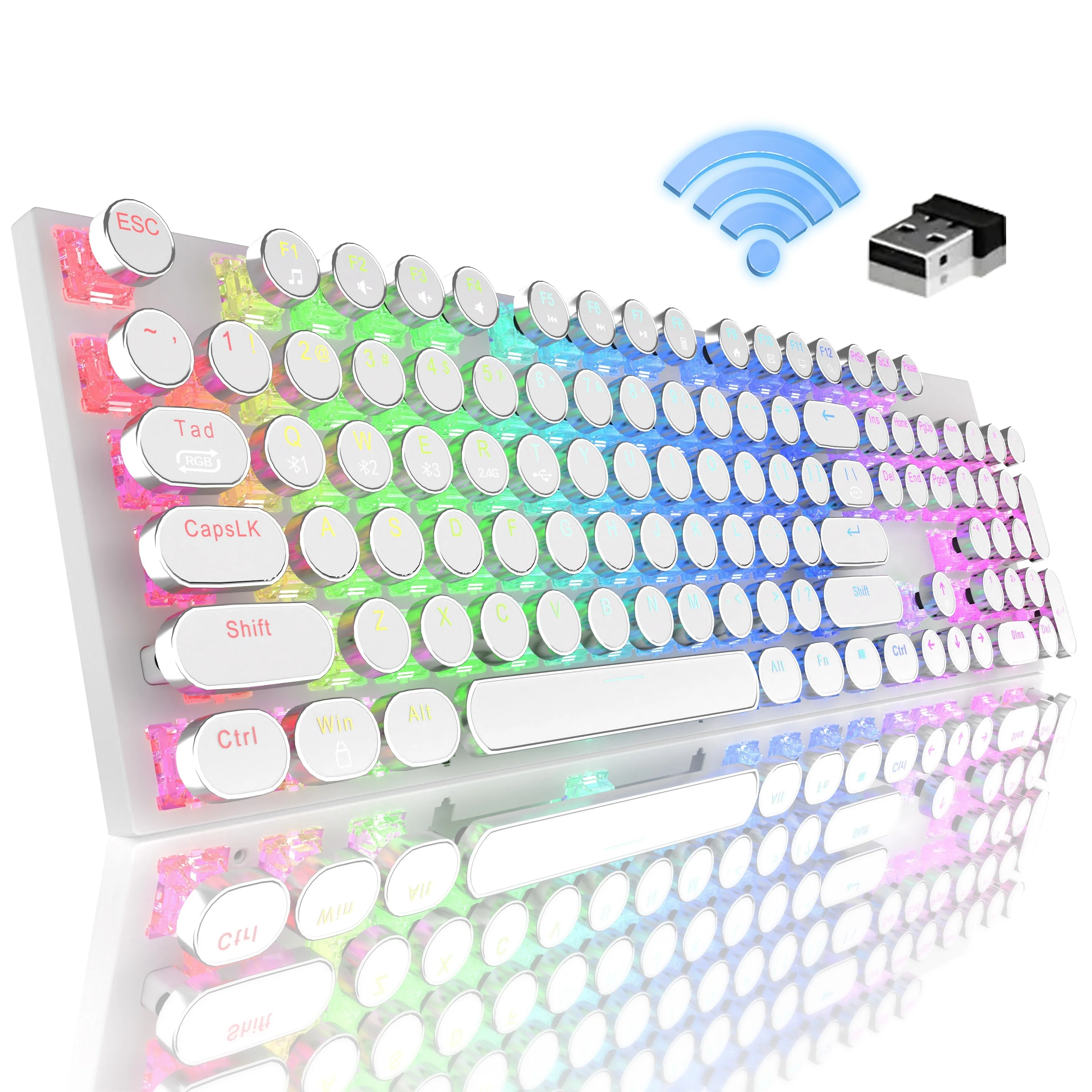 

RGB 104-Key Mechanical Keyboard – Wireless Punk Typewriter Design, Round Keycaps (2.4G / Wired), Gaming & Office