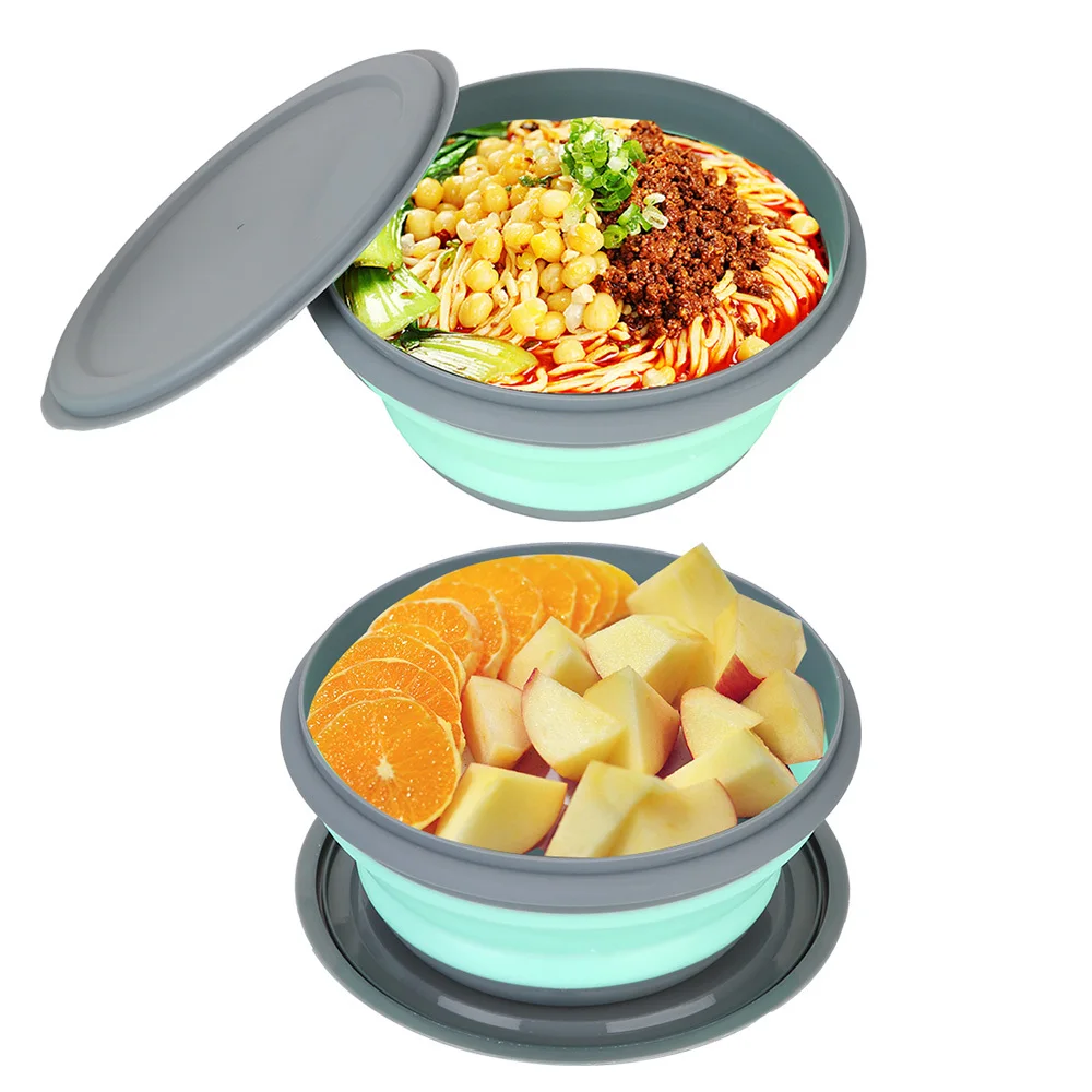 Boîte à lunch pliante en silicone avec couvercle, ensemble de bols de camping portables pour pique-nique, kit de cuisine, bols à salade de fruits pliables, 3 pièces/ensemble