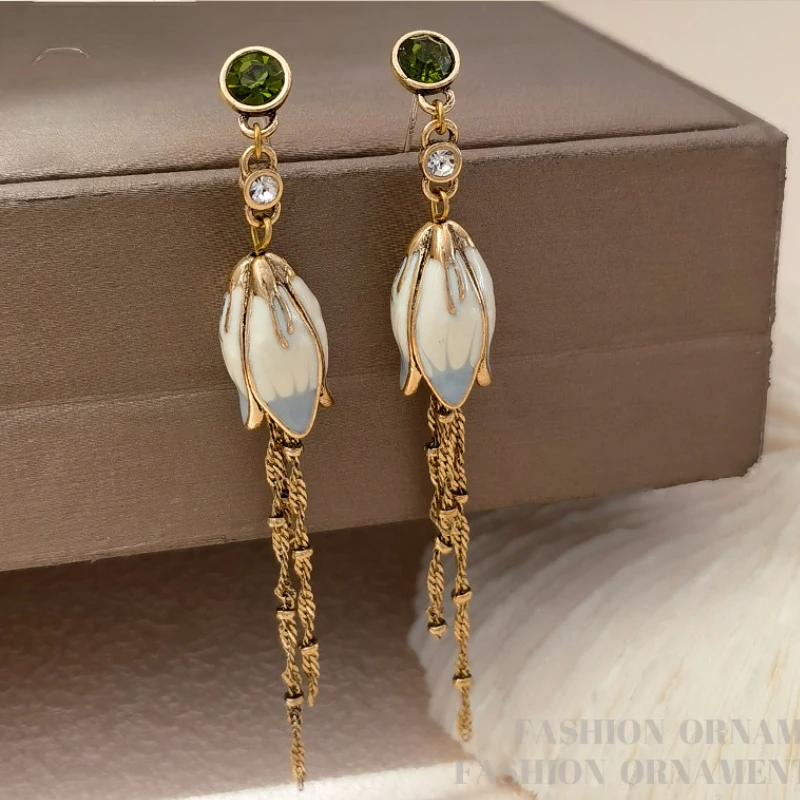 Modern Jewelry Green Glass Pretty Lotus Long Chain Dangle Earrings For Women Girl Party Wedding Gift 2023 New