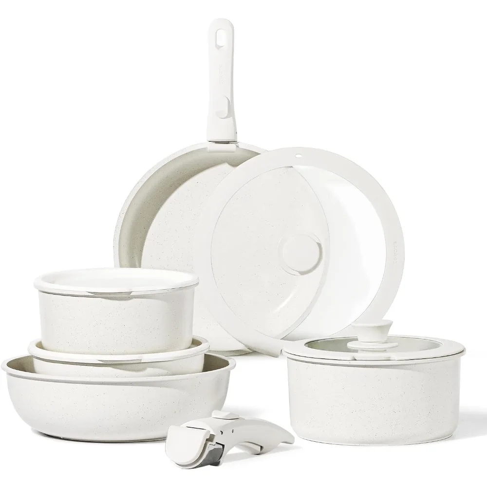 

11-Piece Detachable Handle Cookware Set, Non-Stick, RV & Induction Ready, Oven Safe, Stackable, Cream White