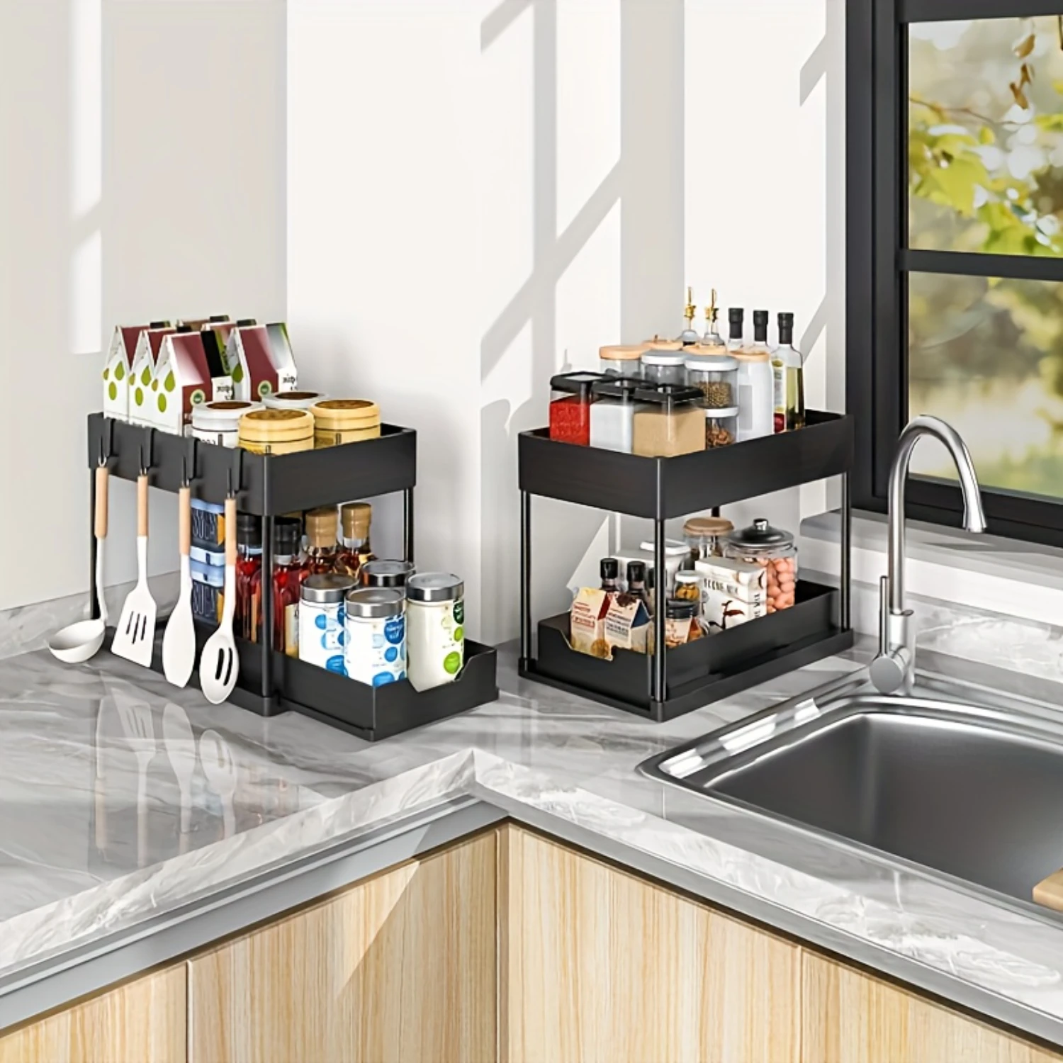 Sturdy 2-Tier Under Sink Organizer - Maximize Space with Smooth-Glide Drawer, Practical Utility, Odorless - Single Unit