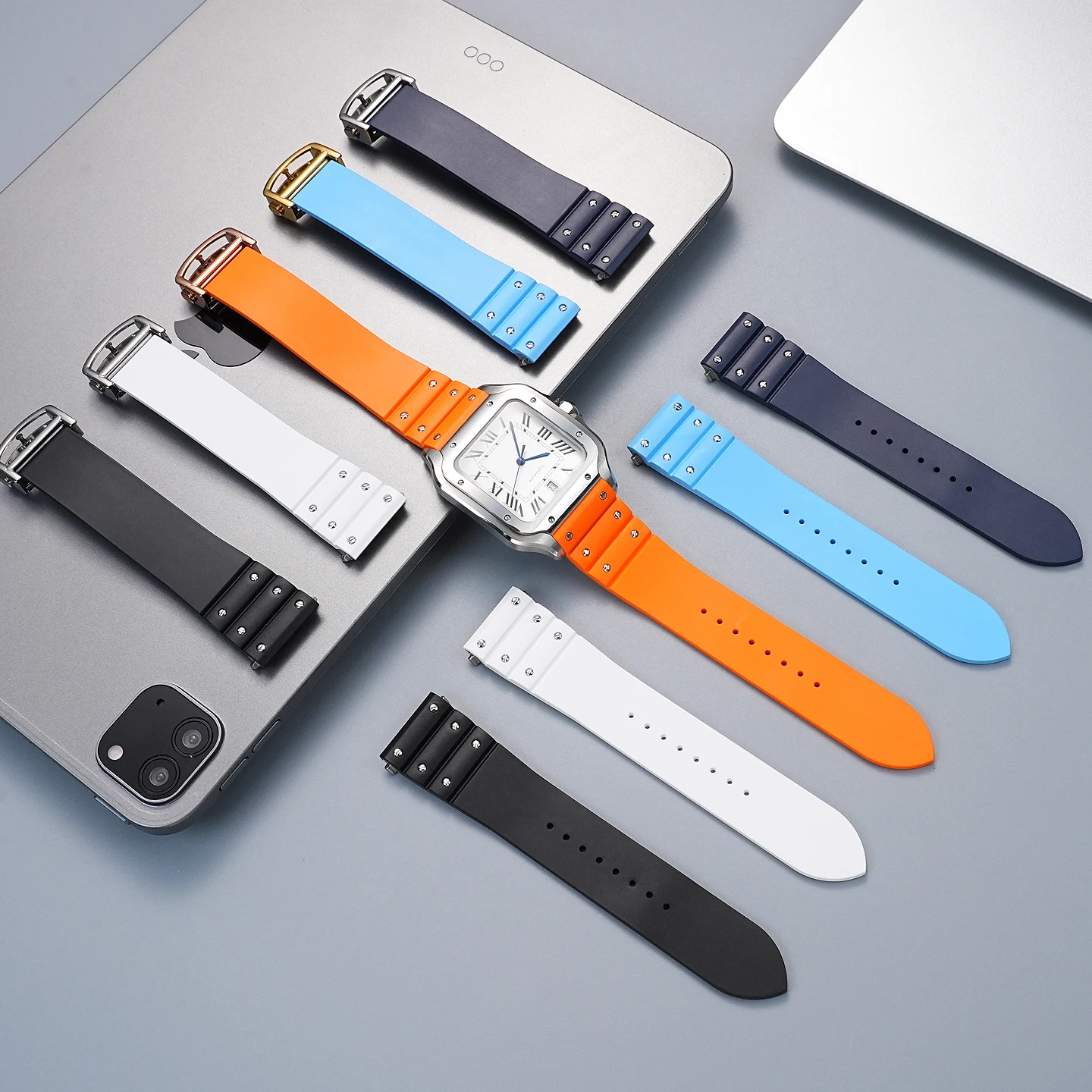 Hohe Qualität für Cartier spezifisches Sandus-Uhrenarmband aus Fluorkautschuk-Echtleder mit Schnellverschluss und Kopfmaserung aus Edelstahl