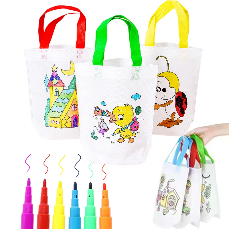 ของเล่นเด็ก DIY กระเป๋าระบายสี วาดภาพ พร้อมปากกาสี  กระเป๋าผ้าไม่ทอสำหรับงานฝีมือ  กระเป๋าระบายสีหลากสี  กระเป๋าใส่ของขวัญ  TMZ