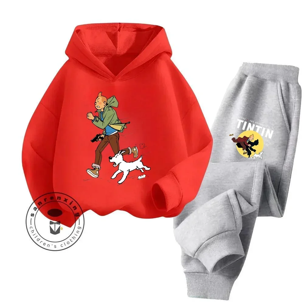 2024 The Adventures of Tintin Cartoon Stylish Long Sleeve Delicate Softness and Profound Fashion for Kids\' Everyday Hoodie Set