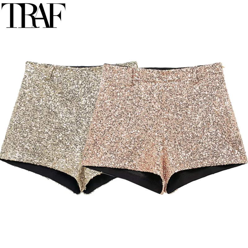 TRAF Women's Shorts Glitter Sequin Shorts For Women Mid Waist Solid Mini Short Pants Streetwear Bottoms Golden Pink Shorts Woman