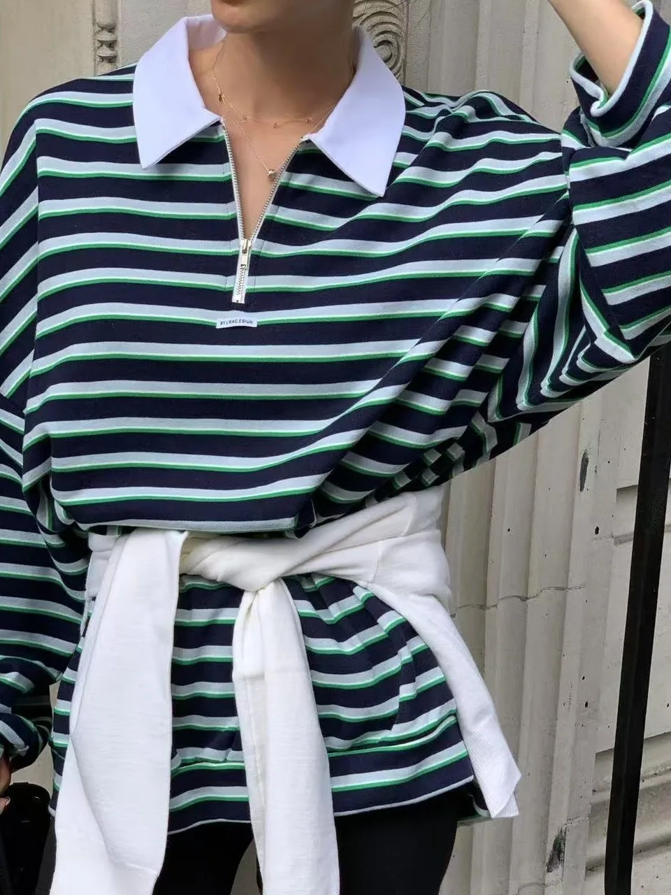 

Striped Long Sleeve Women's T-shirt Casual Loose Style Autumn New Fashion College Retro Hong Kong Style Top Trendy