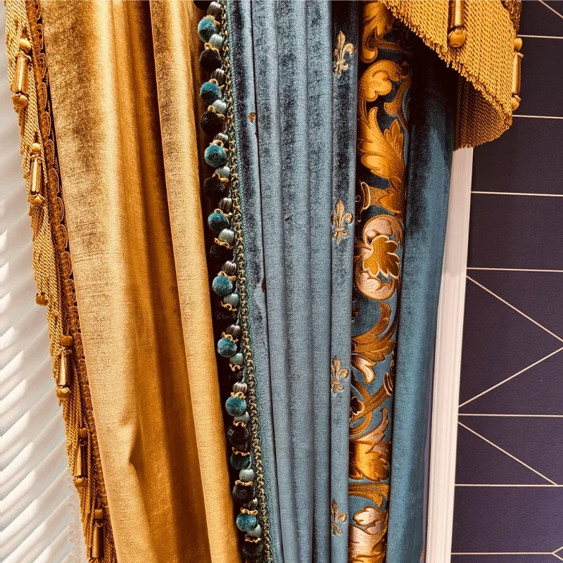 French Villa Custom Size Embroidered Window Screen Peacock Blue Lace Splicing Velvet Thickened Curtains For Living Room Bedroom
