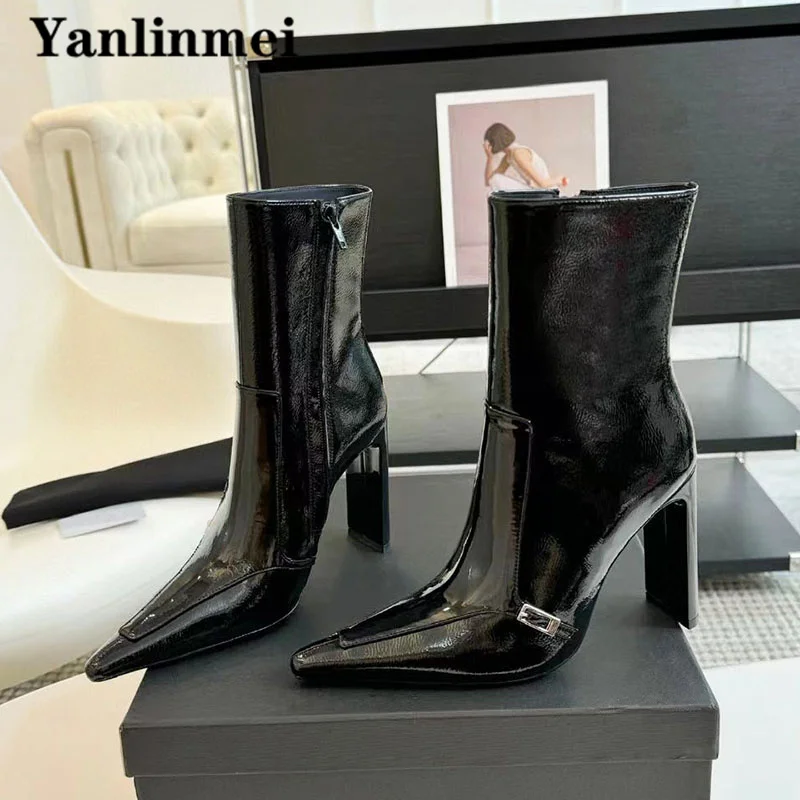 Sexy High Heels Short Boots Women Pointed Toe ZIP Runway Shoes Genuine Leather Modern Boots Black Ankle Boots Woman Botas Mujer