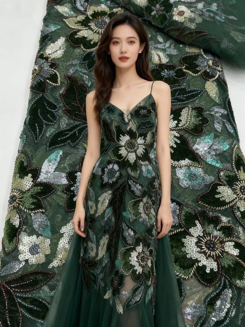 

Роскошная бархатная кружевная ткань зеленого цвета, высокое качество, 2021, нигерийская кружевная ткань с бисером, модная африканская кружевная ткань с блестками для женщин