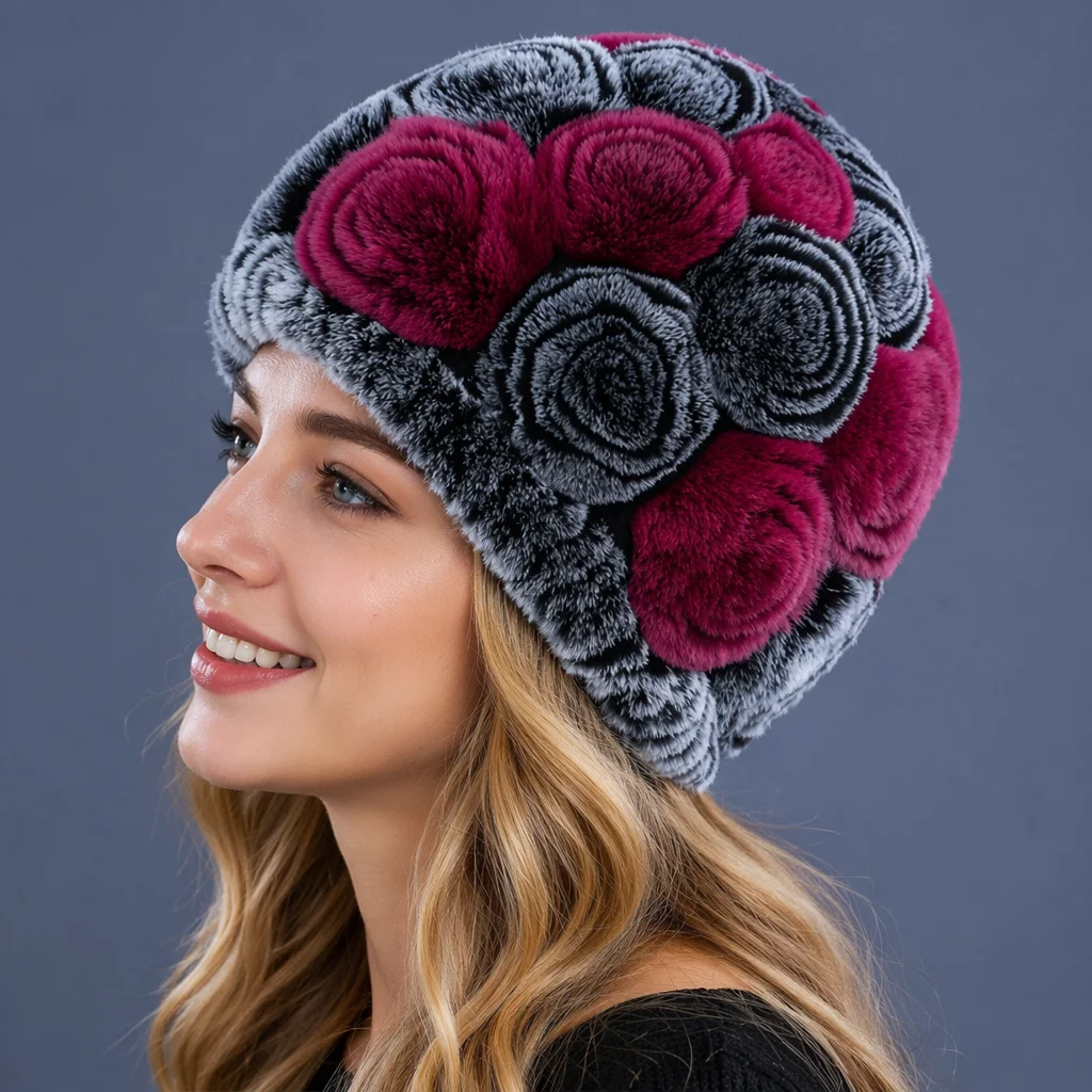 Women's Real Rabbit Hair Rose Hat Winter Fashion Women's Fur Hat, Available in Multiple Colors