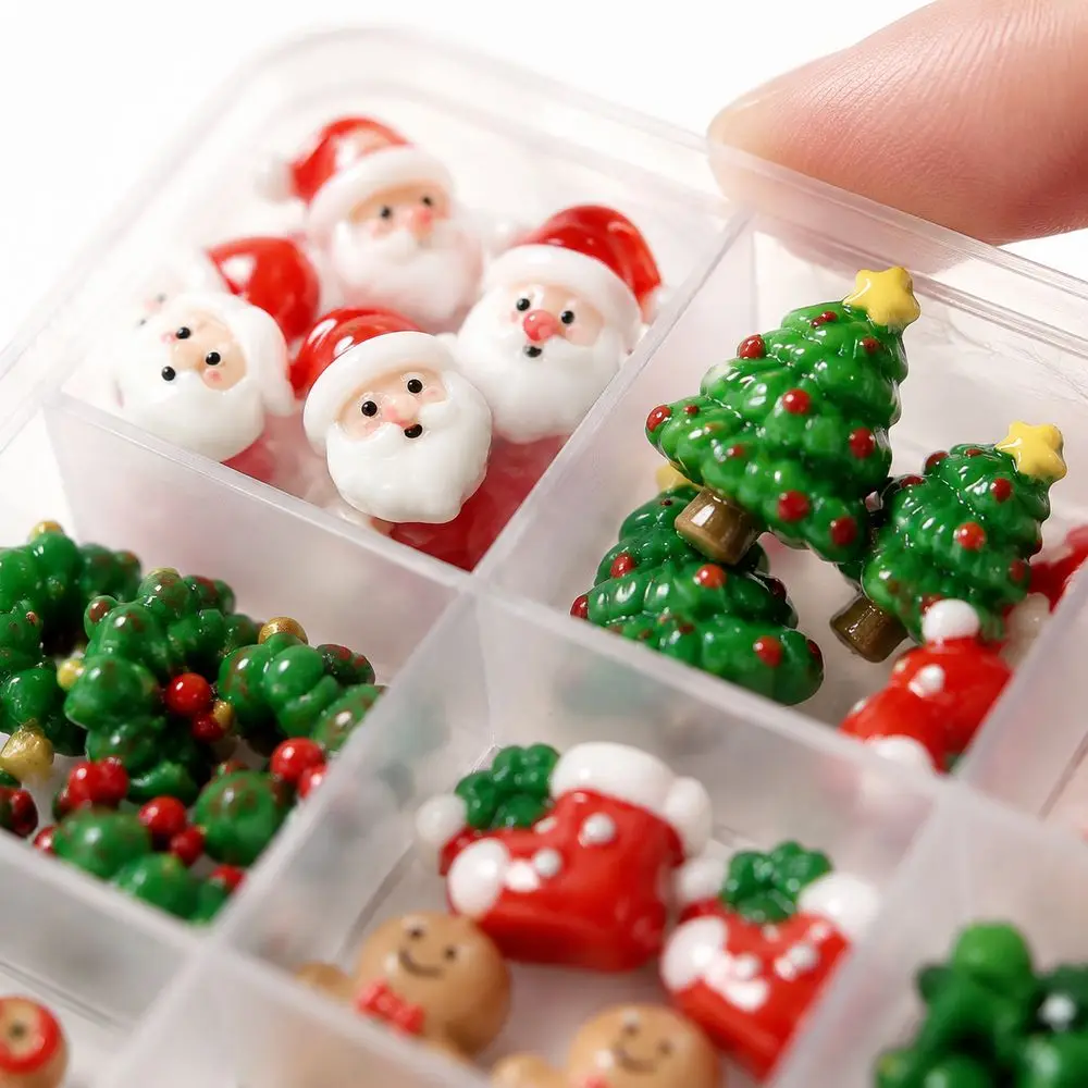 24 Grid Box 3D Xmas Nail Art Charms Multi‑Style Resin Candy Cane Sock Wreath Elk Flat Ornaments For DIY Manicure Accessories