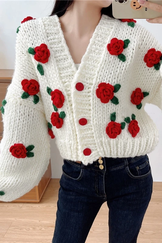 2022 Fall Winter Sweater Thick Knitted Cardigan Jacket Women Sweet Rose Flower Contrast Color Knitwear Coat New Year Sweater Top