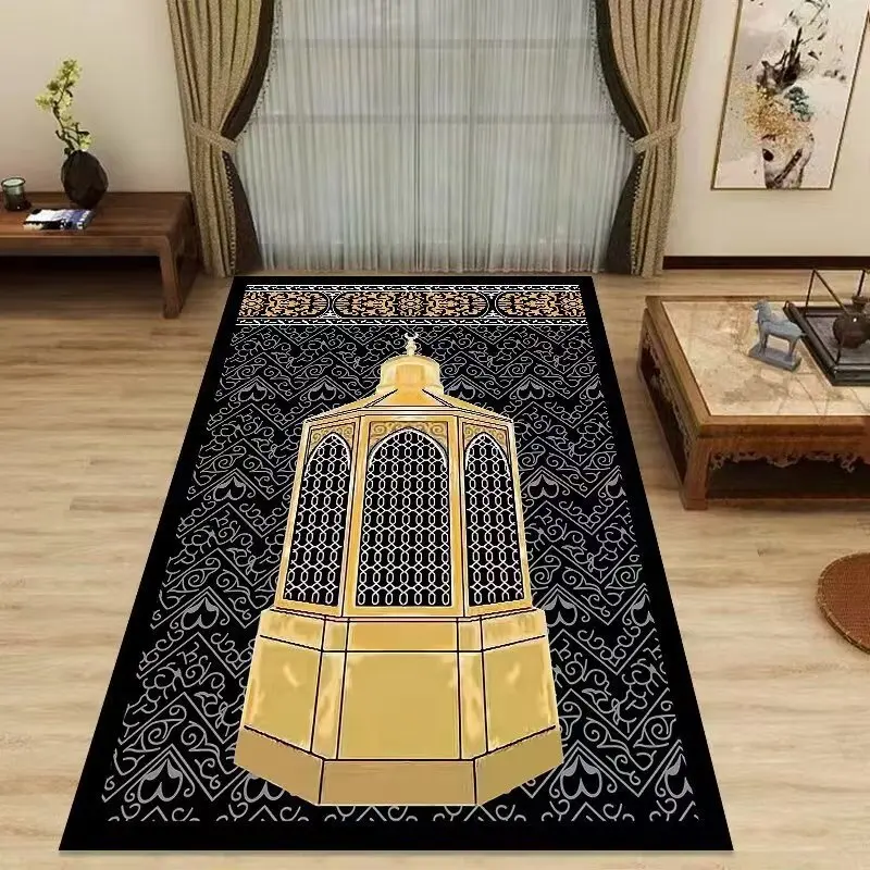 سجادة صلاة إسلامية من Mecca Kaaba باللون الذهبي والأزرق بنمط أرابيسك سجادة للعبادة الإسلامية ديكور المنزل سجاد غرفة المعيشة