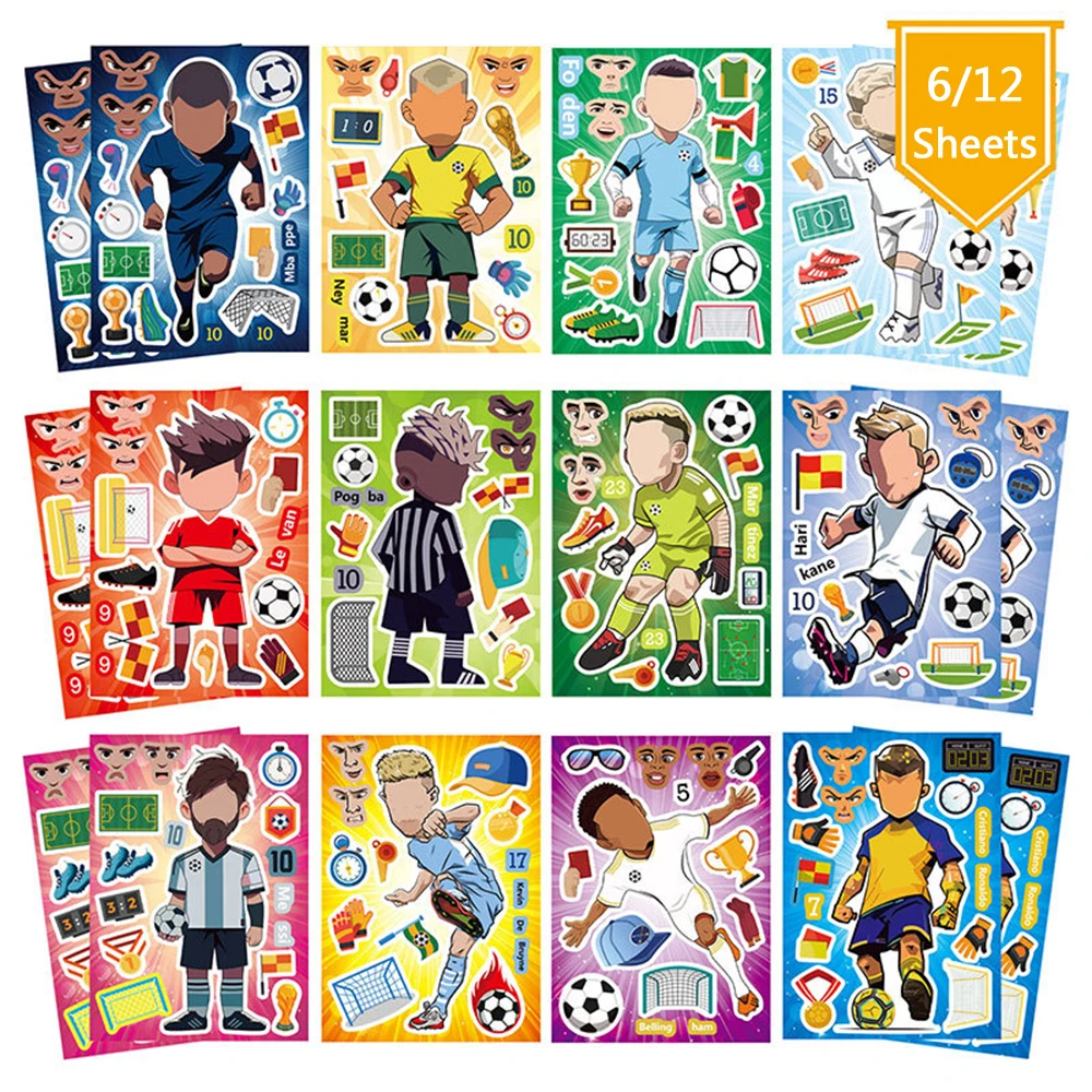6/12Sheets Kids DIY Football Player Make a Face Puzzle Stickers Funny Soccer Game Cartoon Assemble Jigsaw Party Decoration Decal