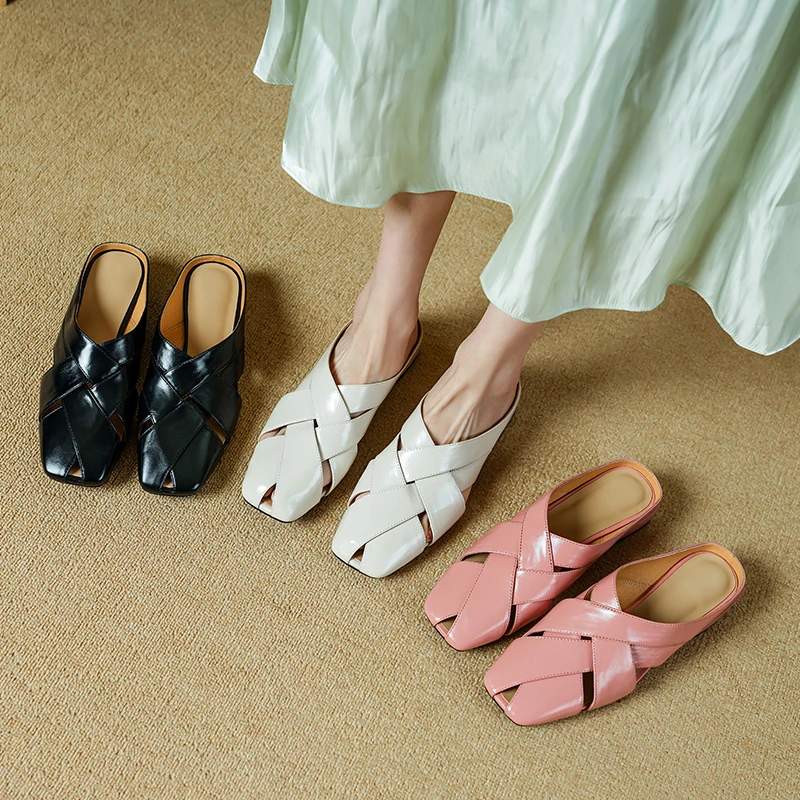 

Новинка 2023 года, летние женские сандалии из натуральной кожи, размер 22-24,5 см, женская обувь из воловьей кожи + овчины + свиной кожи, туфли-мюли на низком каблуке с перекрещенными ремешками