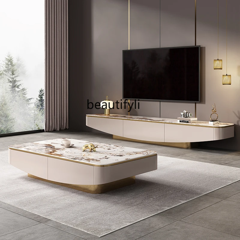 

Slate TV Cabinet and Coffee Table Set Modern Simple Home Use Solid Wood Living Room Light Luxury TV Stand