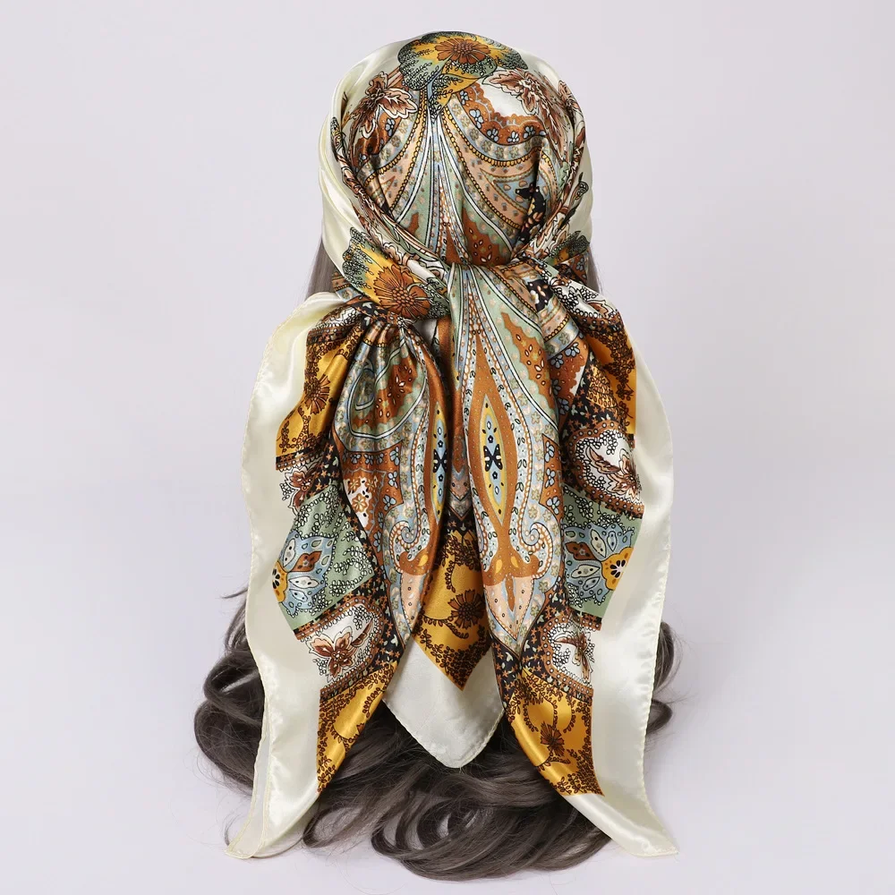 

Ethnic Cashew Printed Square Scarf for Women Silk Scarf Hijab Islamic Clothing Vintage Turban 90*90cm