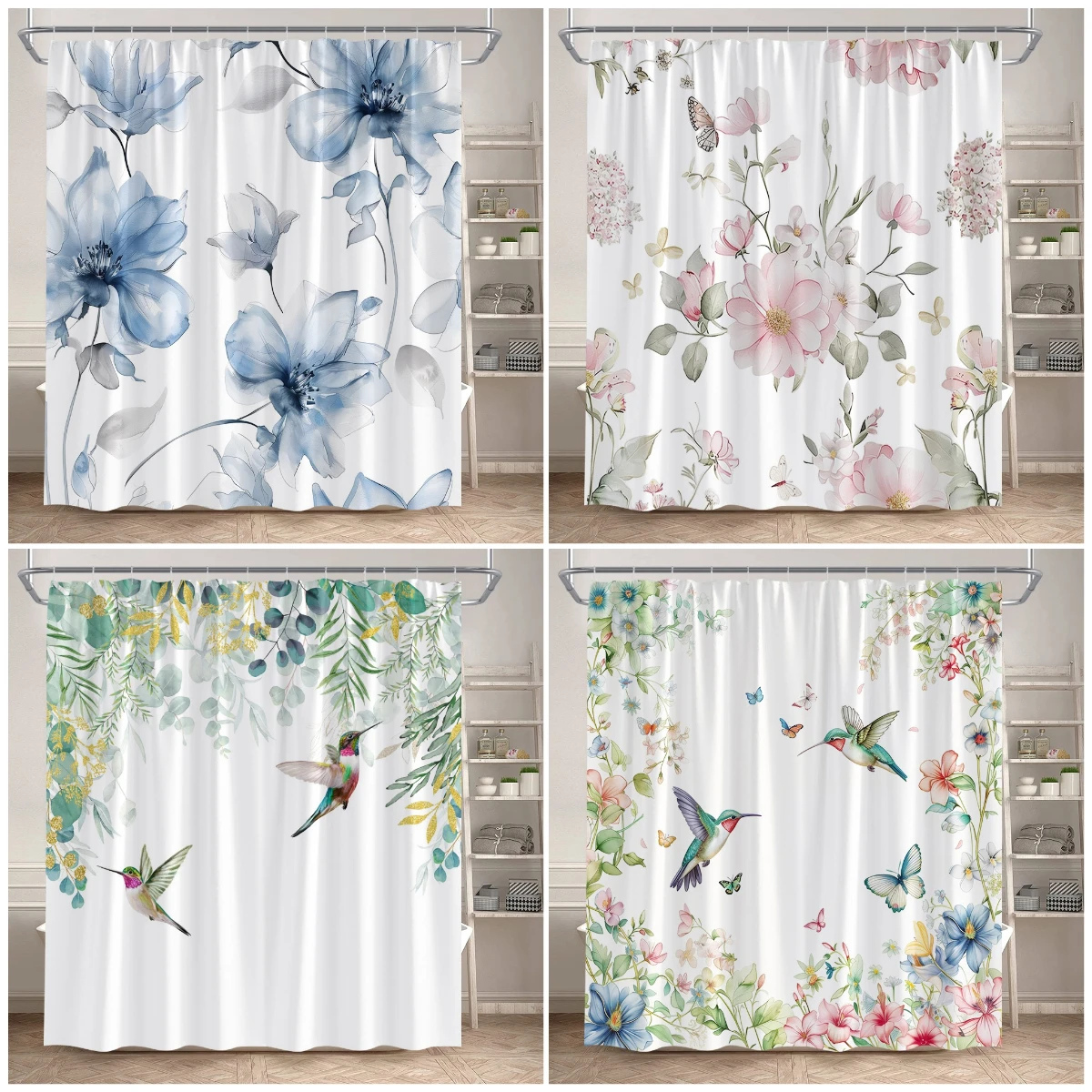 

Floral Shower Curtains Blue Pink Flower Butterfly Hummingbird Watercolour Green Leaves Plant Bathroom Curtain Fabric Home Decor