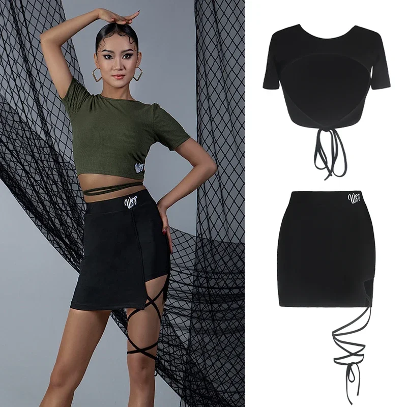 Women Latin Dance Costume Short Sleeves Latin Backless Top Leg Strap Skirts For Female Latin Dance Clothes Satge Wear SL8328