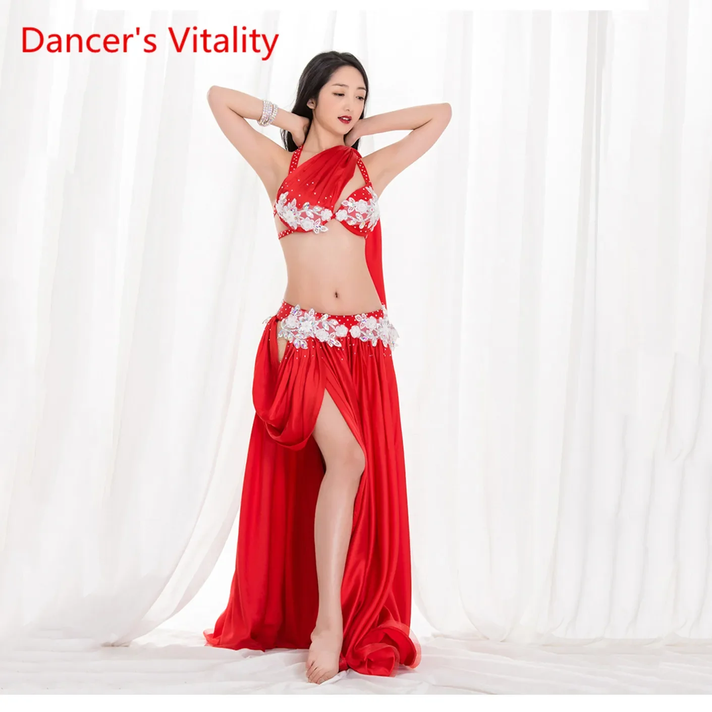 Women Sexy Belly Dance Show Wear Performance Oriental Dance Costume Handmade Luxury Drill Red White Suit Free Delivery