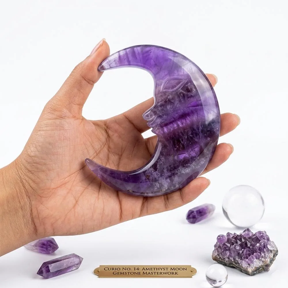 Natural Crystal Moon Face Carving Hand Carved Gemstone Crescent Moon Statue Reiki Healing Energy Stone Home Altar Decor