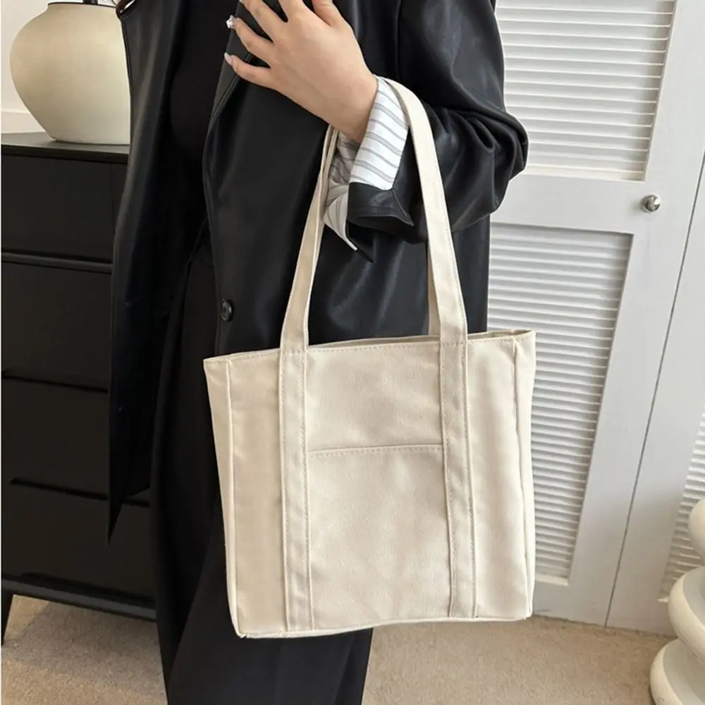 

Solid Color Large-capacity Canvas Bag Comfortable Handle Blank Canvas Hand-held Tote Bag Zipper Closure Multi-functional