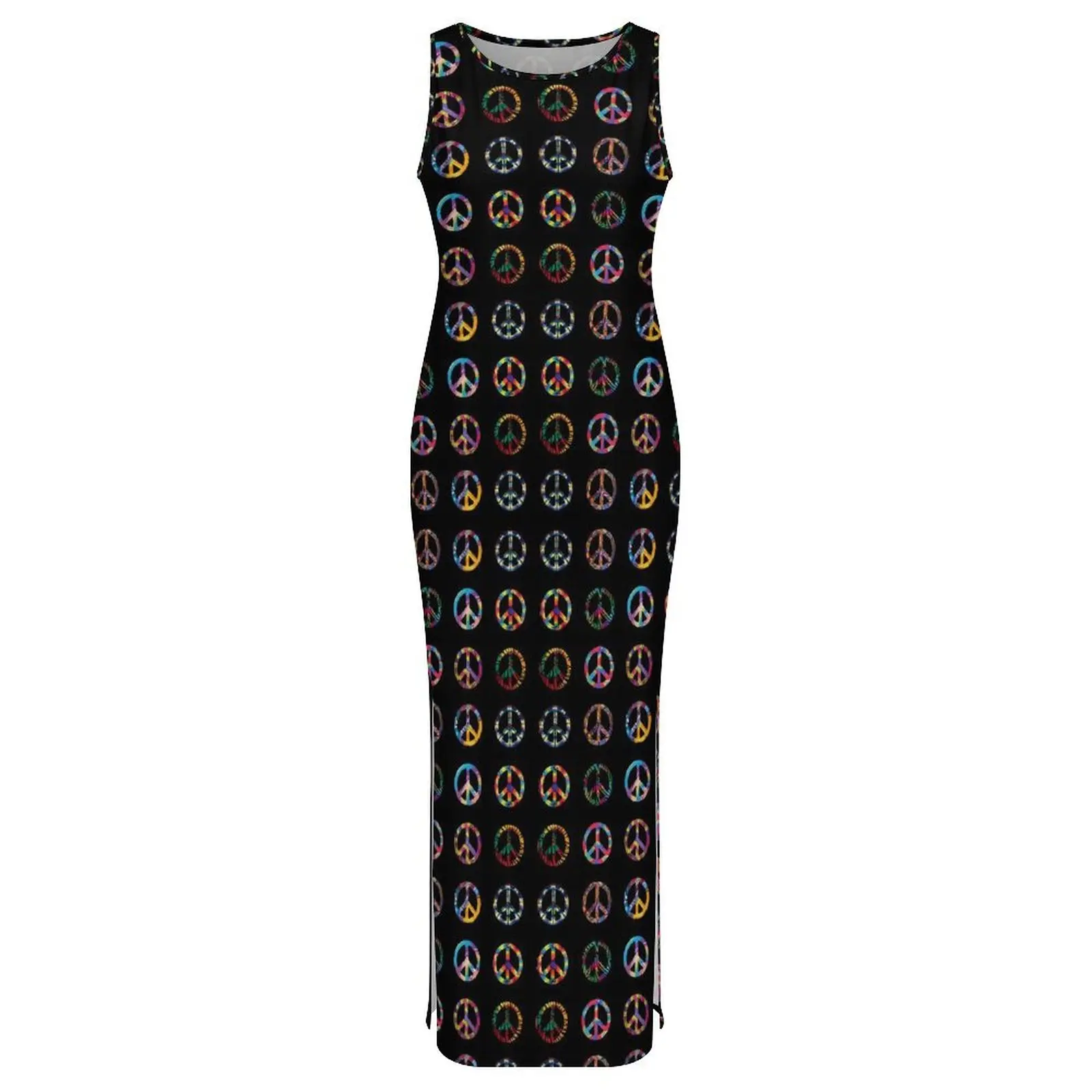 Peace Signs Dress Sleeveless Groovy Retro Print Cute Maxi Dresses Summer Casual Y2k Design Bodycon Dress Big Size