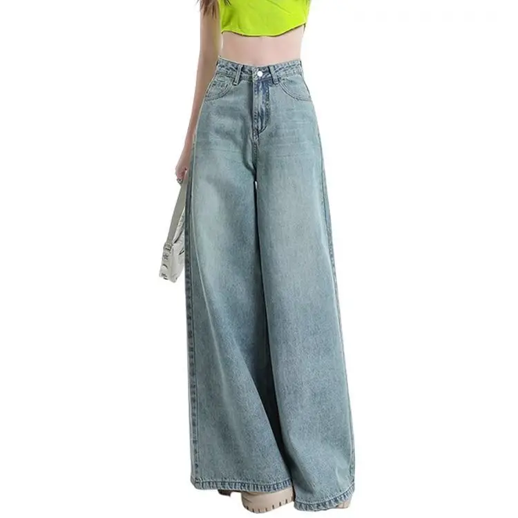 Women High Waist Korean Slacks Wide Leg Jeans Girls Punk 90s Vintage Denim Straight Leg Pants Female Light Blue Baggy Trousers