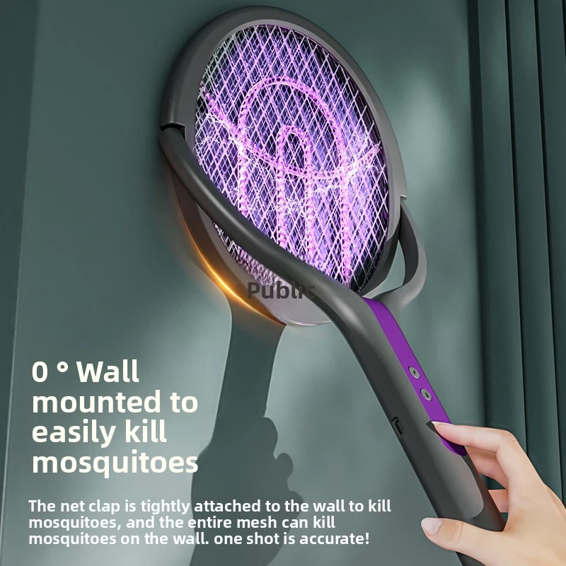 Mata-moscas elétrico com cabeça rotativa inteligente, 2800v, com alça de extensão, recarregável, usb, 5 camadas, proteção anti-mosquito