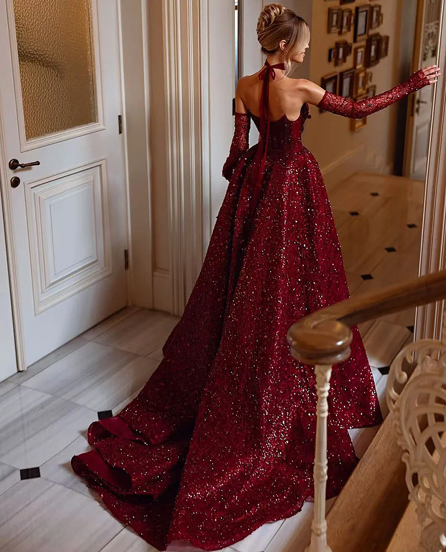 Vestidos de noche sin mangas sin tirantes color burdeos, vestidos de fiesta con abertura lateral alta, vestidos de fiesta de boda con cuentas de lentejuelas de lujo