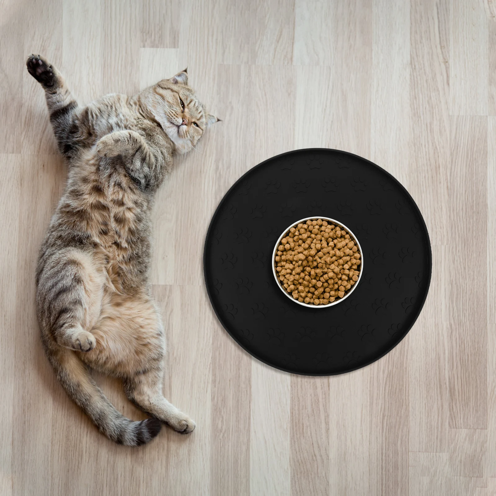 Tapete de alimentação de silicone para cães, redondo com borda elevada, evita derramamentos, bandeja de comida para animais de estimação para gatos, raças médias e grandes, superfície de enxágue rápido