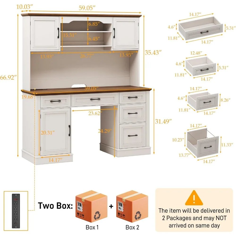 مكتب تنفيذي للمزرعة مقاس 67 بوصة مع خزانة. محطة عمل خشبية مع 5 أدراج وخزانة تخزين وأدراج الملفات ومحطة شحن،