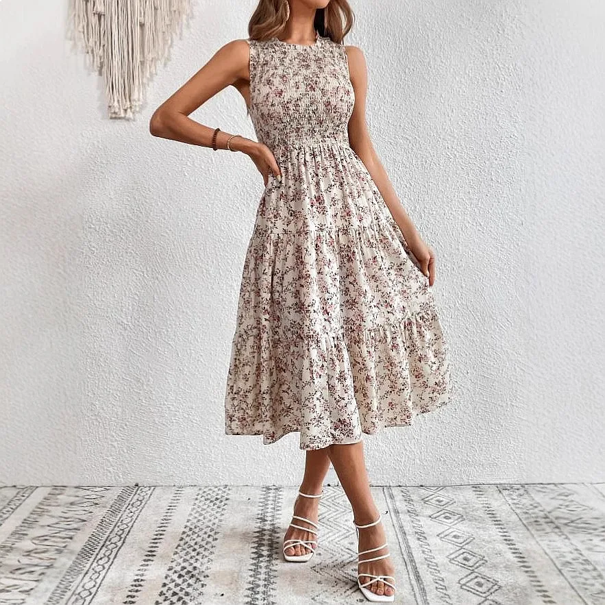 Summer Floral Print Sleeveless Round Neck Smocked Dress High Waist Slimming Dresses