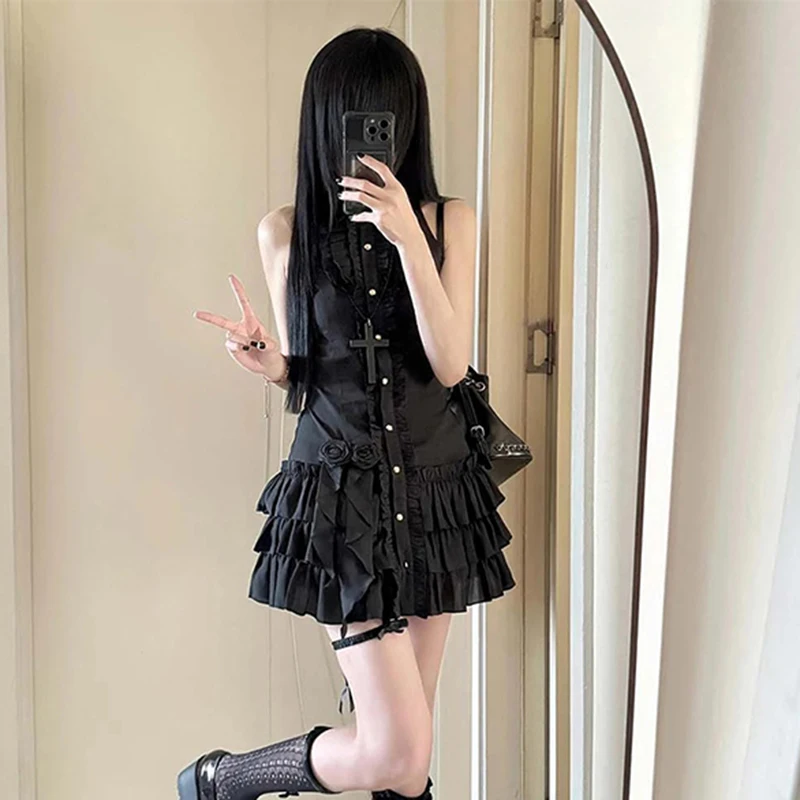 Vintage Black Mini Dress Women Y2K Harajuku Ruffles Patchwork Dresses Summer Gyaru Japanese Gothic Sleeveless Bodycon Vestidos
