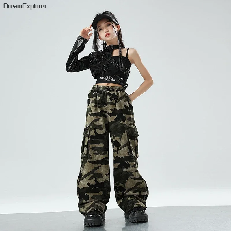 Girls Hip Hop Crop Top Cuff Camouflage Cargo Pants Clothes Sets Child PU Leather Street Dance Joggers  Kids Streetwear Costumes